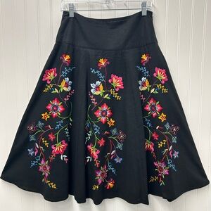 Vintage Carole Little Black Circle Skirt with Bright Floral Embroidery